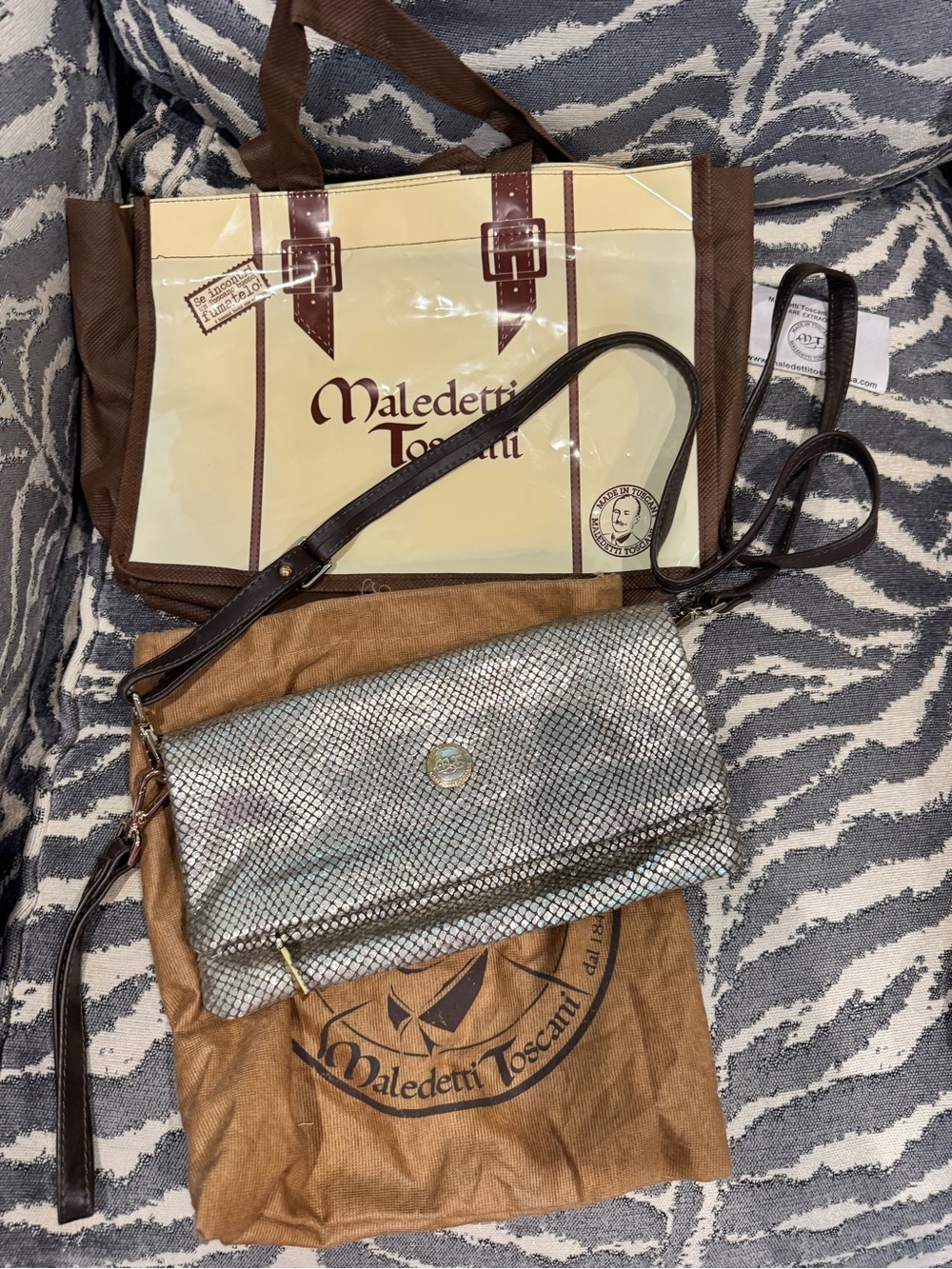 Maledetti Toscani Silver Metallic Leather Clutch or Crossbody Bag with brown and